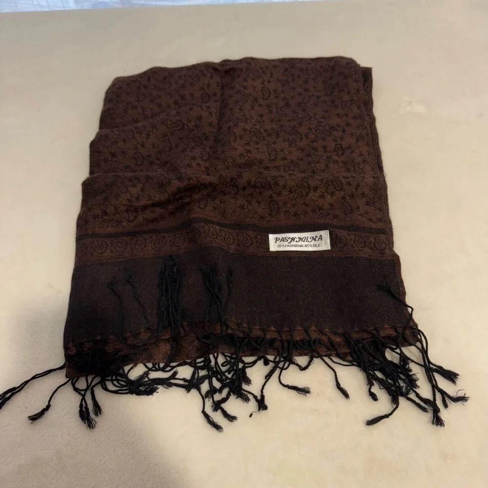Pashmina Brown Paisley Blanket Scarf/Shawl Silk & Pashmina